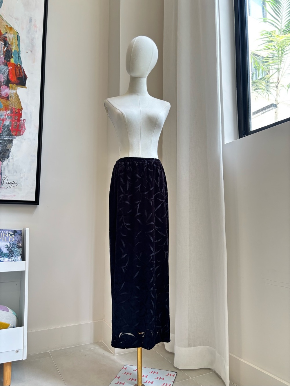 Karen Kane Black Velvet Midi Skirt with Subtle Leaf Burnout